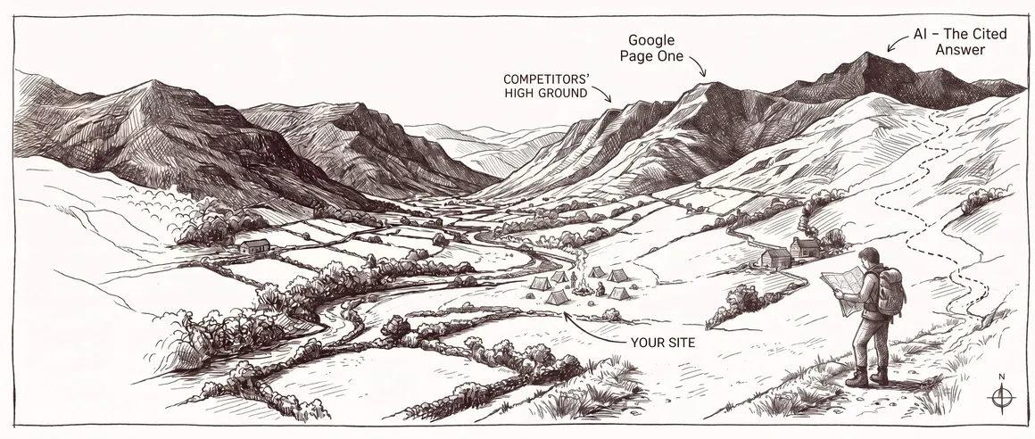 Pen-and-ink panorama of the modern search landscape: from your site, a small camp in the valley, past competitors' high ground to two summits, Google page one and AI, the cited answer. A walker reads the map while a dashed trail climbs the far peak.